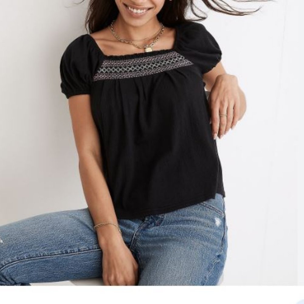 Madewell Black Square Neck Puff Sleeve Top with Embroidered Yoke